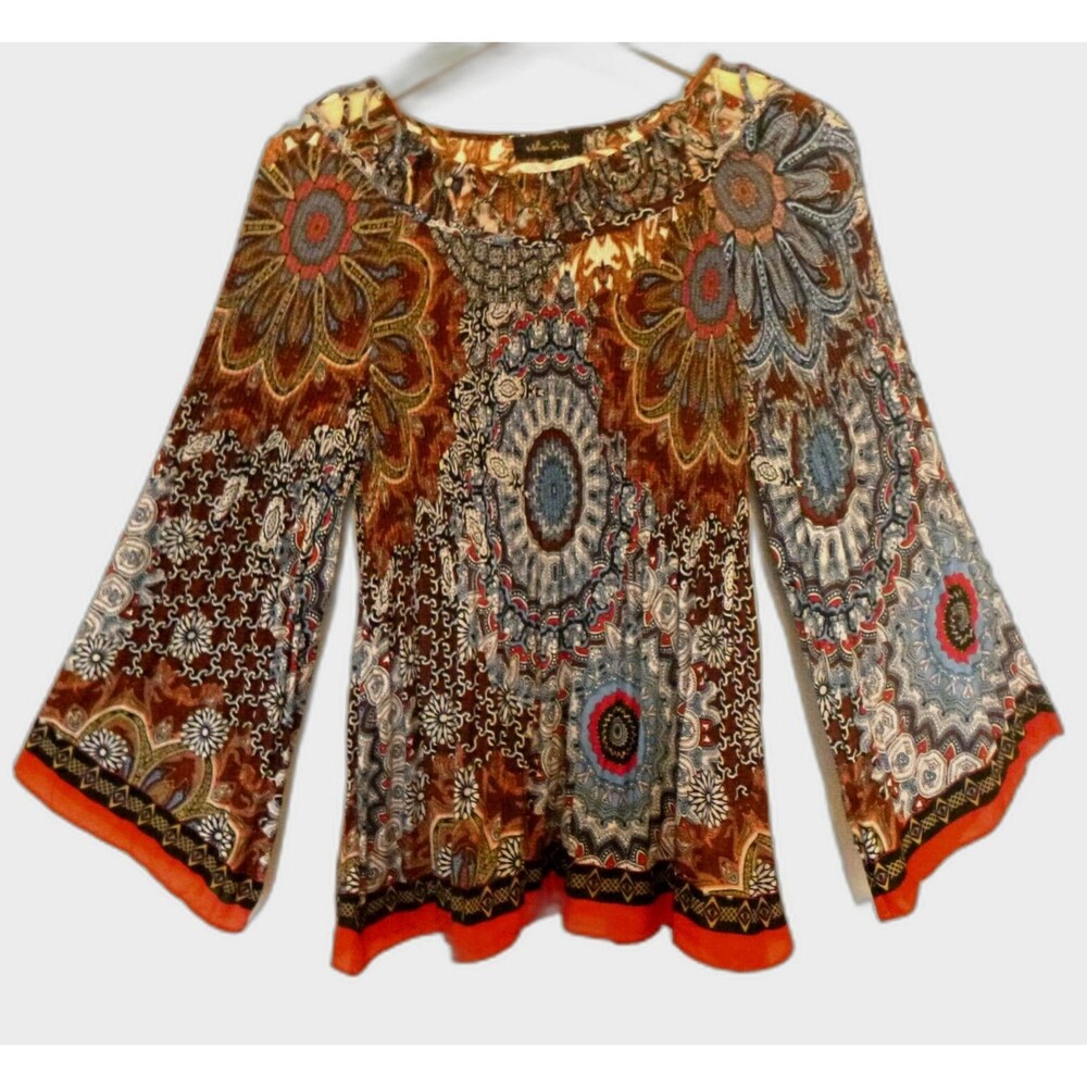 Melissa Paige Tunic Top Medium Fiesta Print Accordion Colorful Cutout Flowy